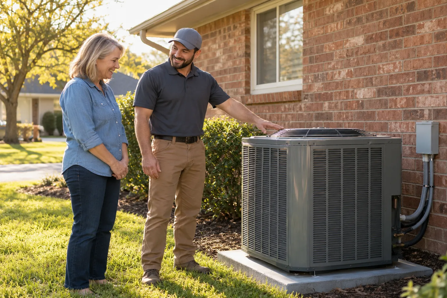 Friendly HVAC provider and homeowner reviewing a new outdoor air conditioner beside a house in Cincinnati