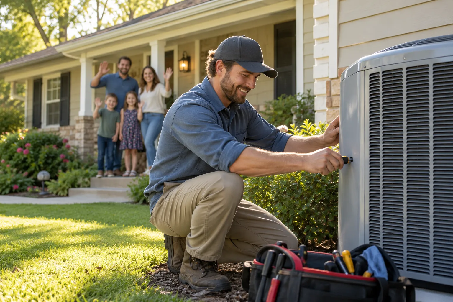 A friendly local provider checking an outdoor AC unit beside a home in Cincinnati